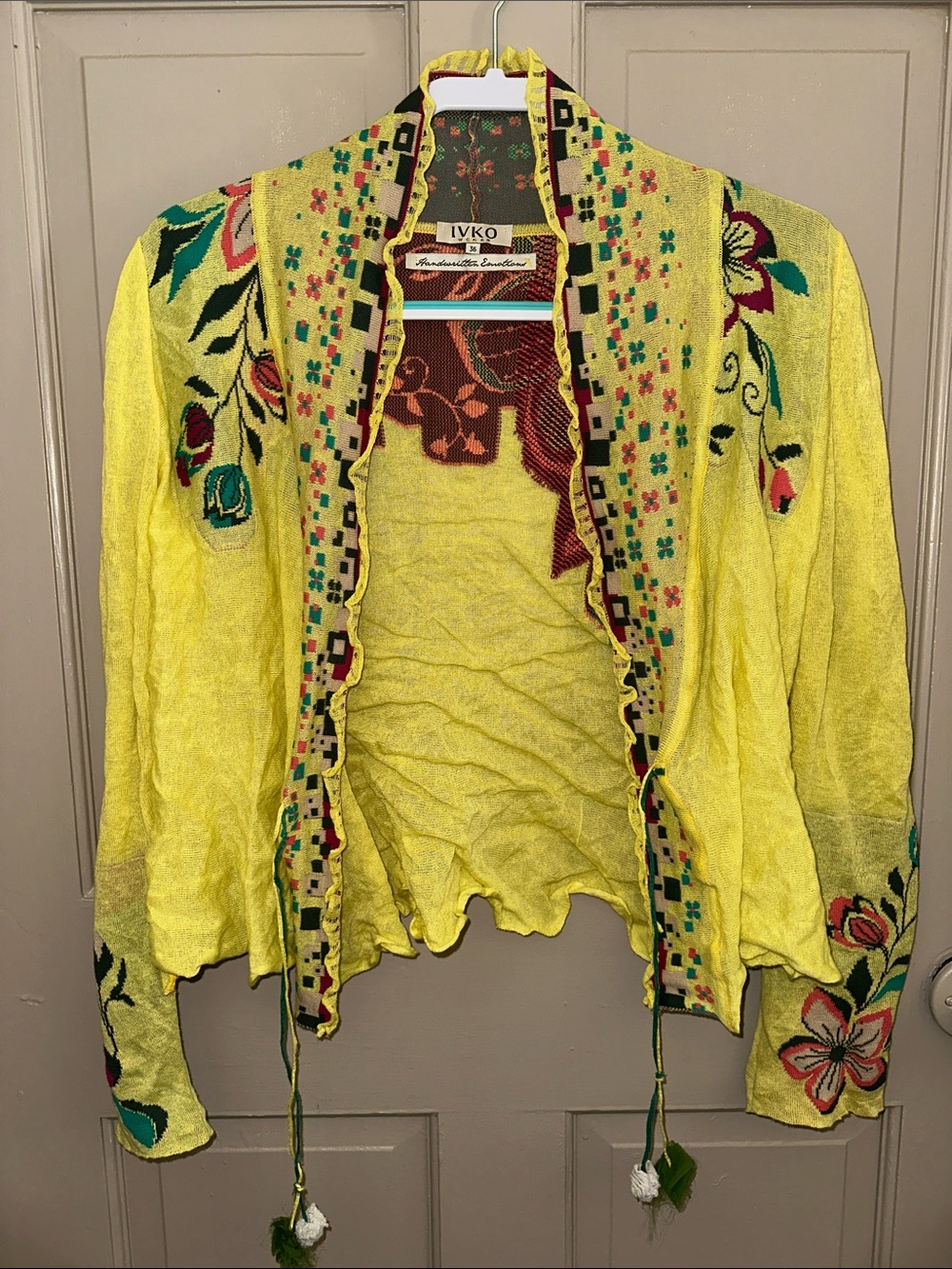 IVKO Floral Open Front Cardigan Size 36 Cotton Metallic Art-to-Wear Boho Jacket